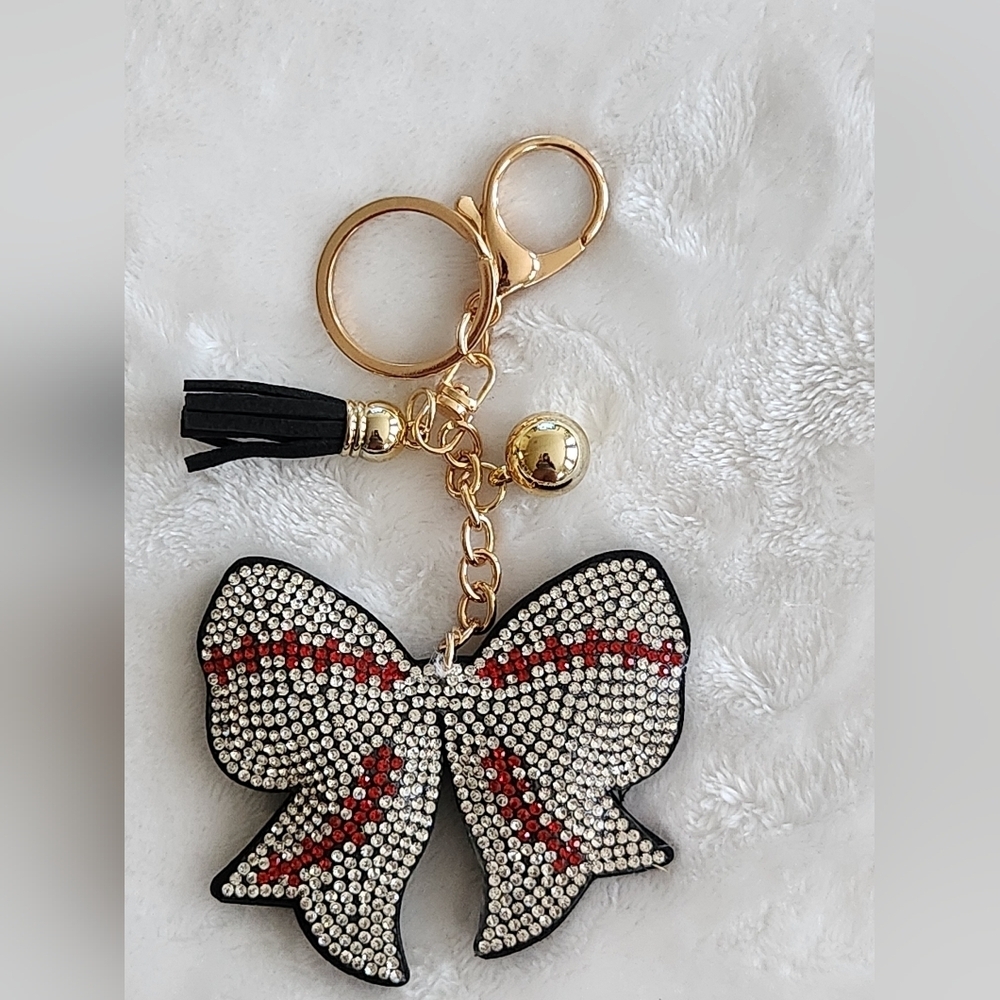 Baseball Black White and Red Bow Keychain Bag Charm